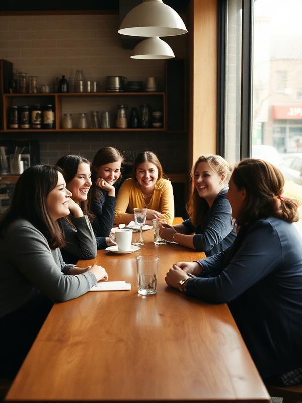 Friends laughing at a long wooden table