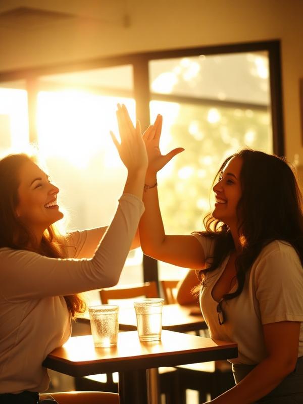 Two friends high-fiving in a sunlit room
